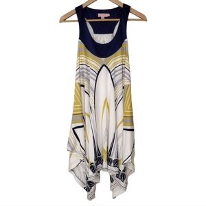 Ted Baker Navy, White & Yellow Graphic Handkerchief Hem Tank
